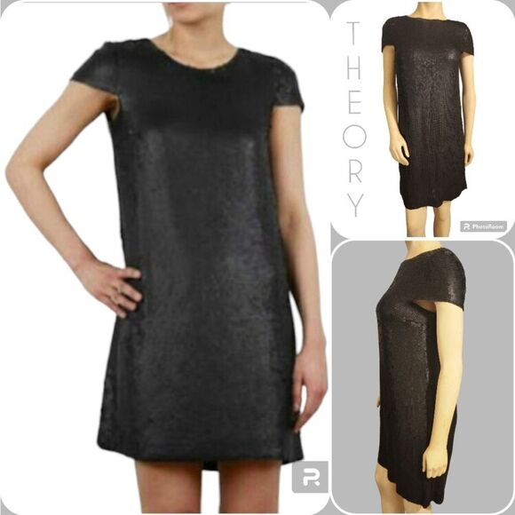 THEORY Sequin Dress Black Silk Maryanka Matte Stretch Mini Cap Sleeves A Line 10 - Picture 1 of 9